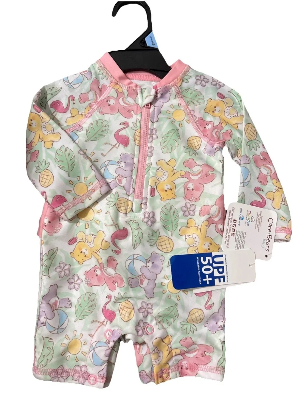 Care Bears Pastel Multicolor Pink-Trim UPF 50+ Baby Swim Romper One Piece NWT